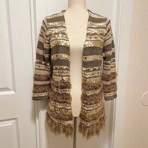Chico's Open Front Cardigan Boho Fringe Knit Sherpa Sequin Neutral Eclectic
